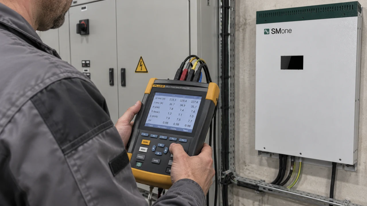 Elektryk odczytujący analizator jakości energii przy kompensatorze SVG